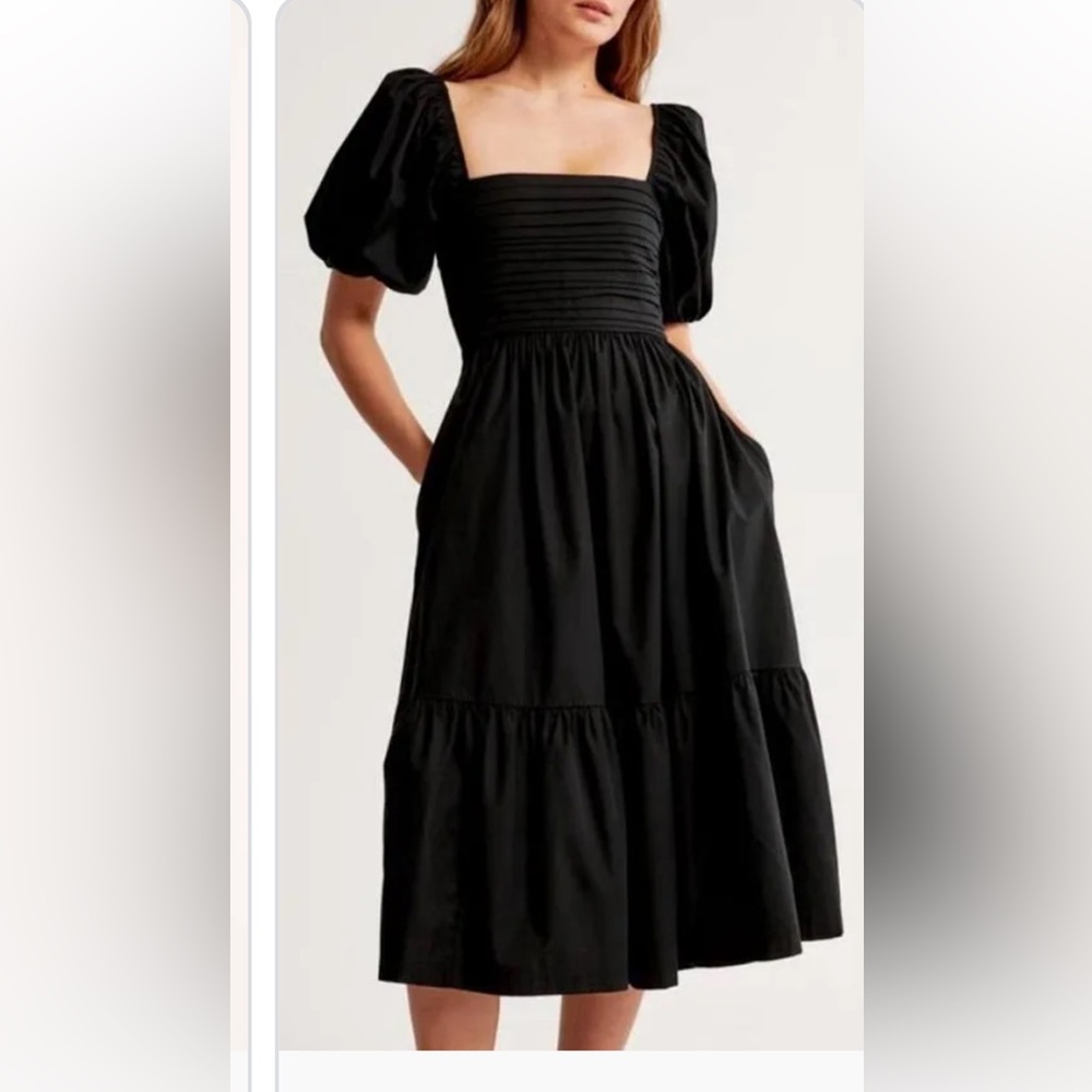 Emerson Poplin Puff Sleeve Midi Dress Abercrombie and Fitch Black